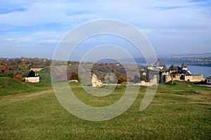 Ancient medieval fortress in Khotyn on hill above river.