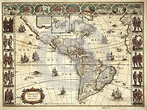 An ancient medieval map of North and South Americas by Willem Blaeu. 1617 photo