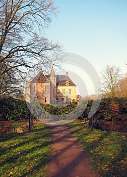 Ancient medieval stone fortress, autumn look through the valley, castle Vorden, Netherlands, Europe