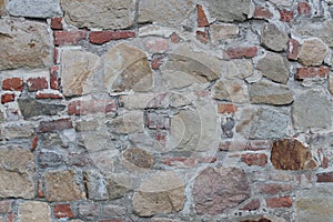 Ancient medieval stone masonry. Texture of a fragment of a wall of an old structure. A background for design and creative work. De