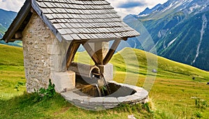Ancient Medieval Stone Water Well in a Mountain Landscape - Generative Ai