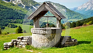 Ancient Medieval Stone Water Well in a Mountain Landscape - Generative Ai