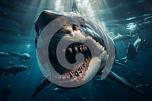 Ancient megalodon shark lurking in depths of ocean surrounded by school of smaller fish