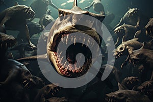 Ancient megalodon shark lurking in ocean depths surrounded by school of smaller fish