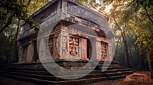 Ancient Mesoamerican temple in the forest. AI-generated.