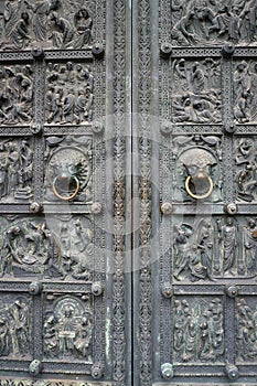 Ancient metal door of Bremen Cathedral, Germany.