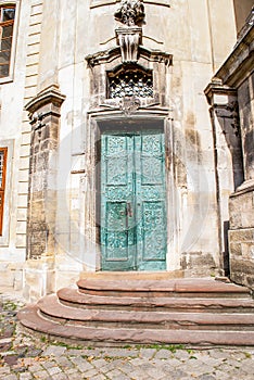 Ancient metal doors of Dominican Church in Lviv, Ukraine