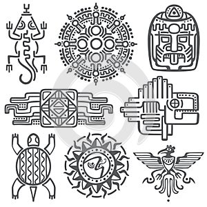 Ancient mexican vector mythology symbols. american aztec, mayan culture native totem patterns