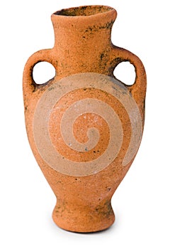 Ancient miniature clay amphora on white background