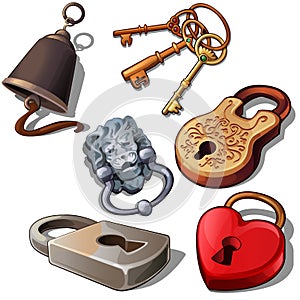 Ancient, modern and romantic padlocks with keys and door bell. Locks in shape of heart, lions head and floral ornament