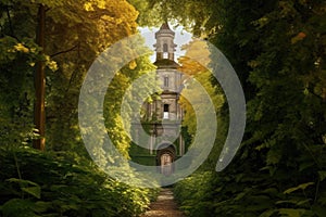 ancient monastery bell tower framed by trees