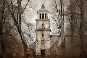 ancient monastery bell tower framed by trees