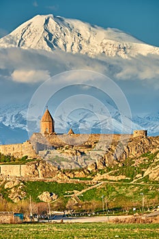 Ancient monastery in front of mountain