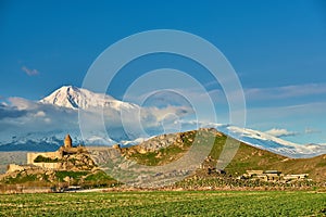 Ancient monastery in front of mountain