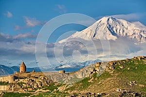 Ancient monastery in front of mountain