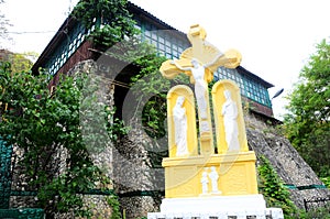 Ancient monastery. Village Saharna. Stone crucifix in orthodox monastery Saharna