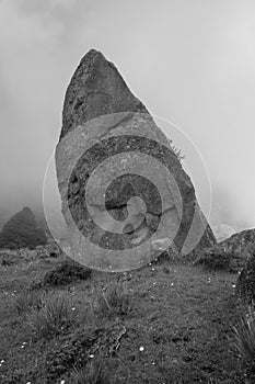 An ancient monolith with extrange formations in middle of colombian countryside photo