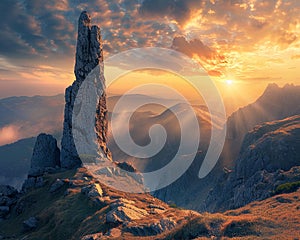 Ancient monolith on a mountain peak, echoes guiding the pilgrim\'s path, sunrise, panoramic landscape view, breathtaking photo