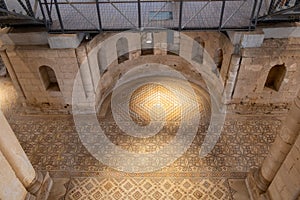 Ancient mosaic in Hisham`s Palace aka Khirbet al Mafjar, an archeological site in Jericho