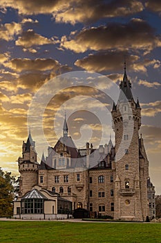 The ancient Moszna castle and palace outdoors, closeup. Poland