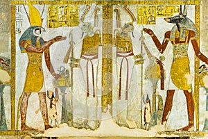 Ancient mural of god Horus and Anubis