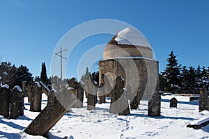 Ancient muslim graveyard. Ancient historical mausoleums complex of the 16th century. Shamakhi, Azerbaijan.