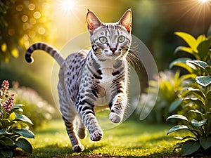 The ancient and mysterious Egyptian Mau is playing in the park under the sunlight