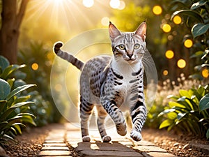 The ancient and mysterious Egyptian Mau is playing in the park under the sunlight