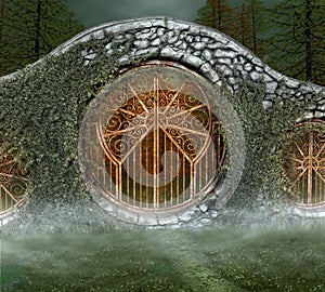 Ancient mysterious gate in the foggy forest