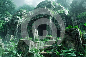 Ancient Mystical Ruins Hidden in Lush Green Jungle with Mysterious Mythical Carvings and Stones