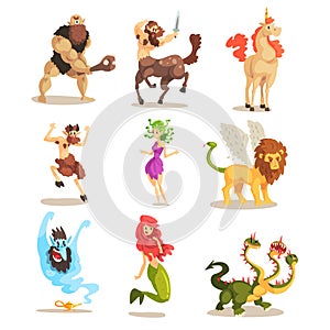 Ancient mythical creatures set, Cyclops, Centaur, Unicorn, Satyr Faun, Medusa Gorgon, Three headed dragon, Mermaid photo