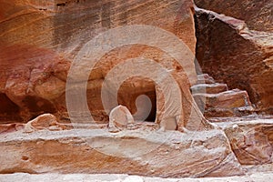 Ancient Nabataean Camel Rider Statue and Camel Caravans Ruins in Petra, Jordan