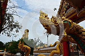 Ancient naga or antique naka statue for thai people travelers travel visit and respect praying blessing wish myth or holy mystery