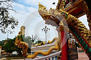 Ancient naga or antique naka statue for thai people travelers travel visit and respect praying blessing wish myth or holy mystery