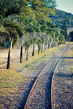Ancient narrow-gage railroad. Mauritius. Retro effect