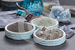 Ancient nature minerals, different types of clay used for skincare, spa treatments, face masks, gray, black, green and blue