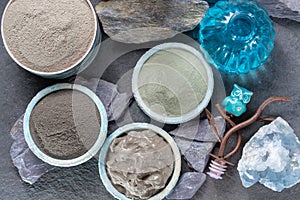 Ancient nature minerals, different types of clay used for skincare, spa treatments, face masks, gray, black, green and blue