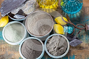 Ancient nature minerals, different types of clay used for skincare, spa treatments, face masks, gray, black, green and blue