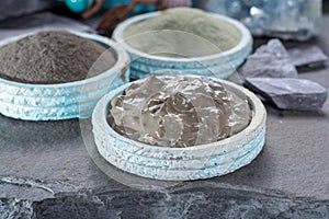 Ancient nature minerals, different types of clay used for skincare, spa treatments, face masks, gray, black, green and blue