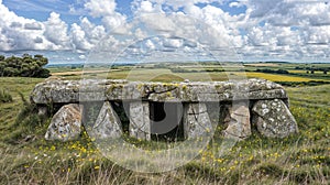 Ancient Neolithic tomb in lush green landscape under cloudy sky