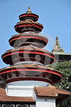 Ancient nepalese architecture building roof and antique old ruins nepali Nasal Chok Hanuman Dhoka Royal Palace at Basantapur