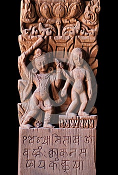 Ancient Nepalese wooden carving at the columns in palace in Patan, Nepal