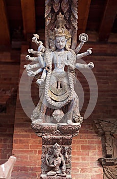 Ancient Nepalese wooden carving with hindu gods in Patan, Nepal