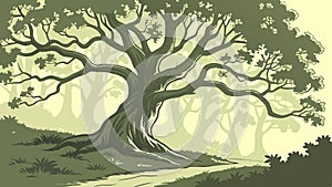 Ancient Oak Tree in a Lush Green Landscape Vector, vector design Generative AI photo