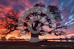 ancient oak tree silhouetted against a dramatic sunset sky