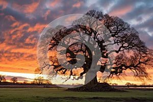 ancient oak tree silhouetted against a dramatic sunset sky