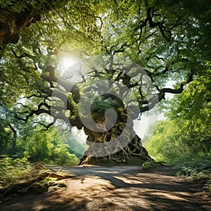 Ancient oak tree in summer forest generated by AI