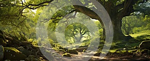 Ancient oak tree in summer forest generated by AI