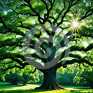 Ancient oak tree in summer illustration