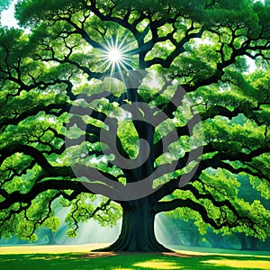 Ancient oak tree in summer illustration